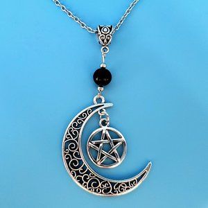 Silver Moon and Pentagram Star Pendant Necklace with Black Bead Accent
